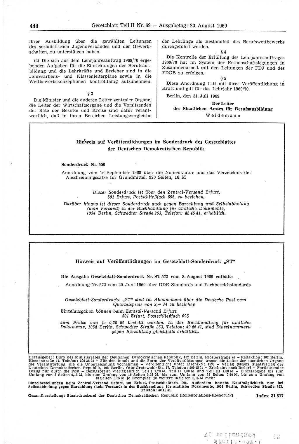 Gesetzblatt (GBl.) der Deutschen Demokratischen Republik (DDR) Teil ⅠⅠ 1969, Seite 444 (GBl. DDR ⅠⅠ 1969, S. 444)