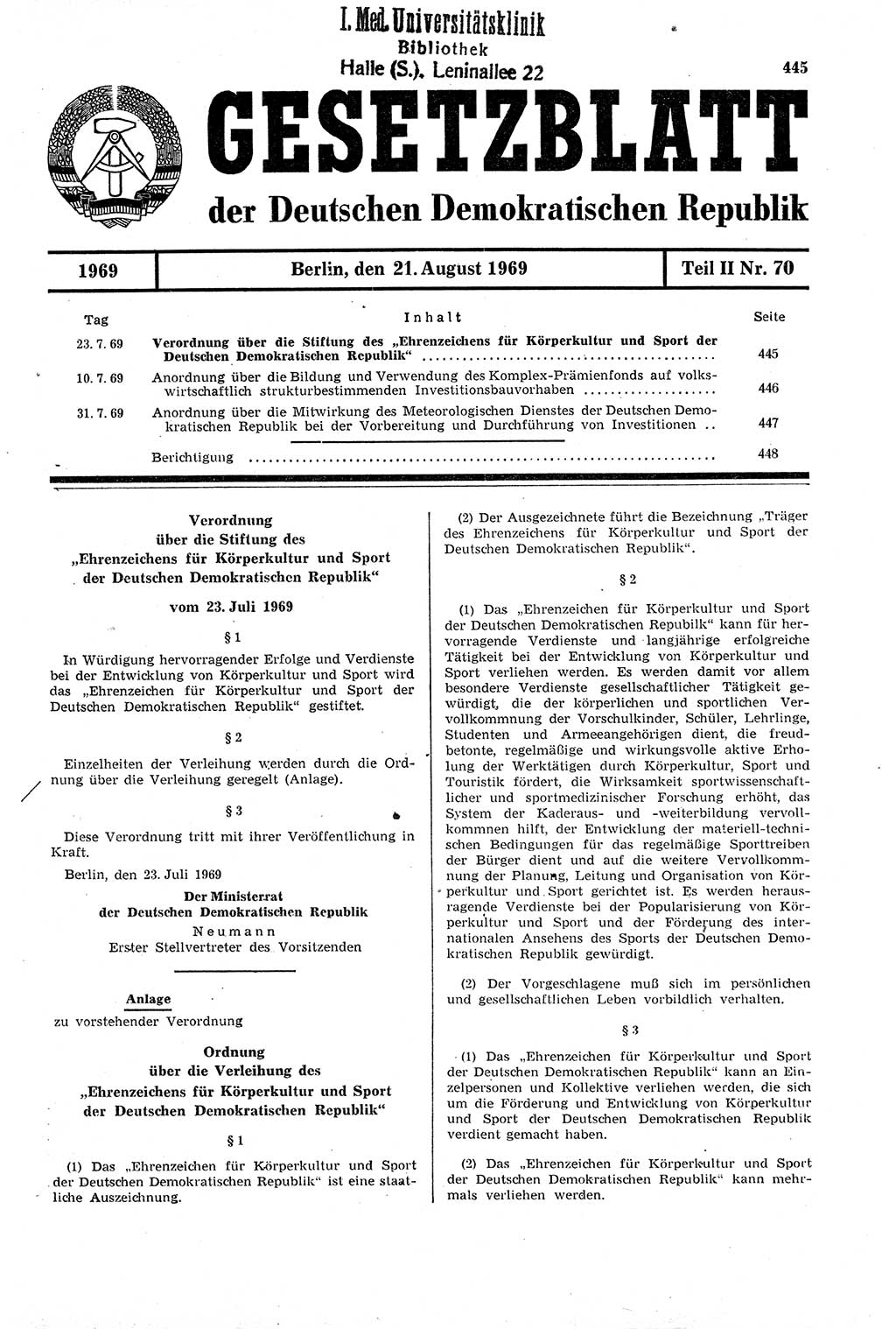 Gesetzblatt (GBl.) der Deutschen Demokratischen Republik (DDR) Teil ⅠⅠ 1969, Seite 445 (GBl. DDR ⅠⅠ 1969, S. 445)