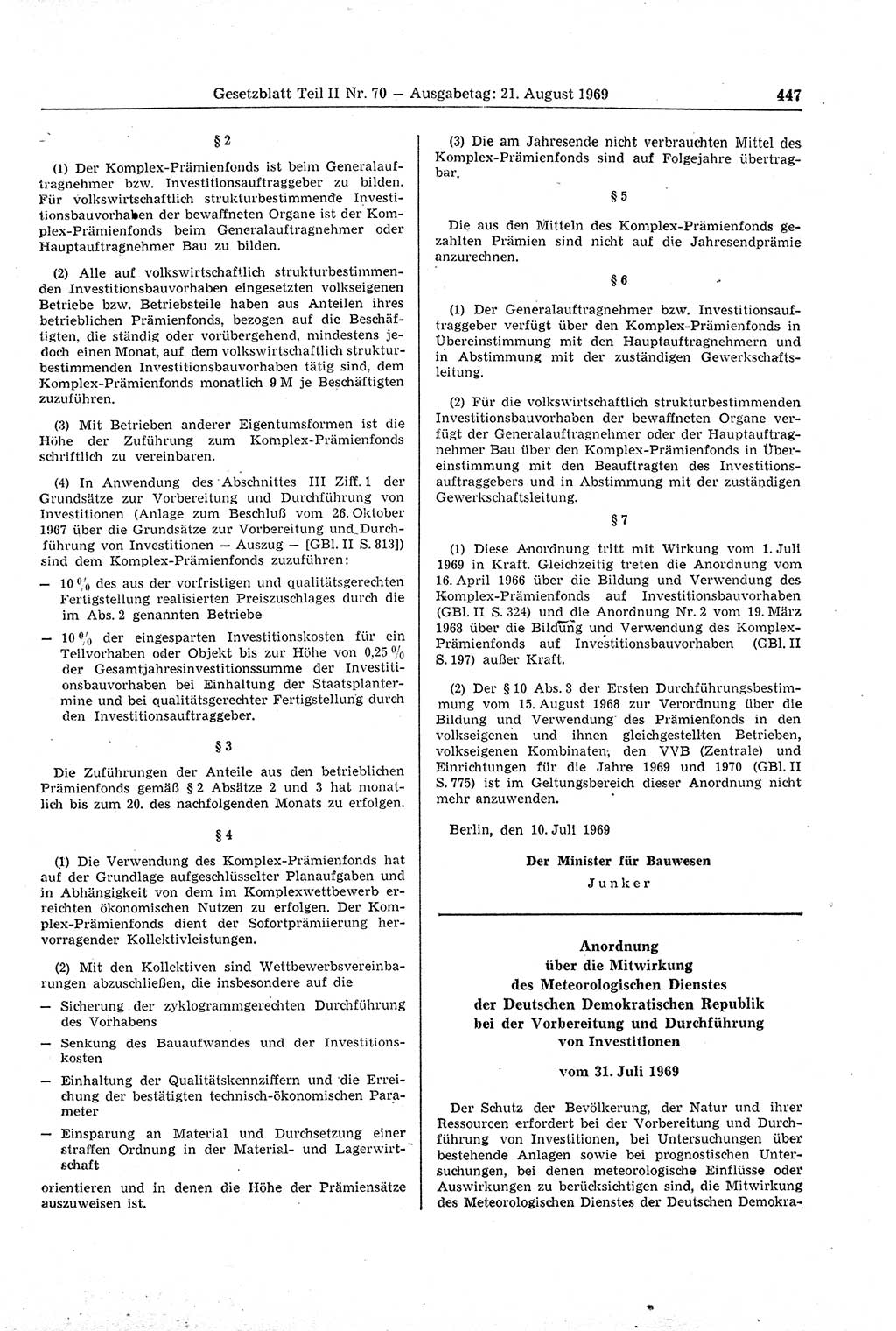 Gesetzblatt (GBl.) der Deutschen Demokratischen Republik (DDR) Teil ⅠⅠ 1969, Seite 447 (GBl. DDR ⅠⅠ 1969, S. 447)