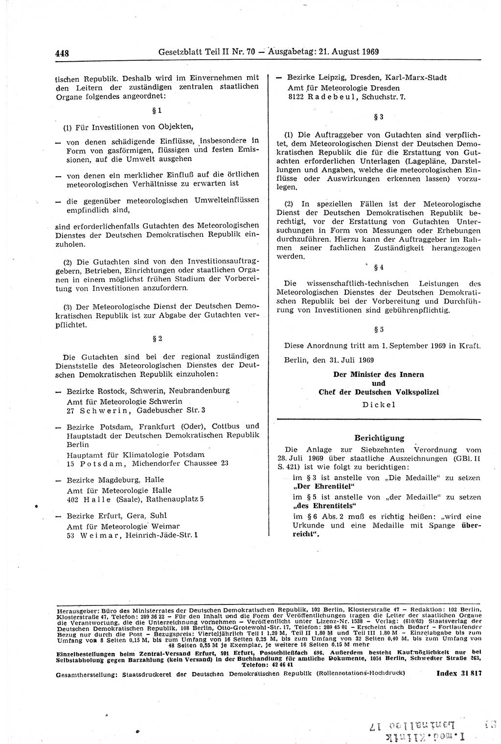 Gesetzblatt (GBl.) der Deutschen Demokratischen Republik (DDR) Teil ⅠⅠ 1969, Seite 448 (GBl. DDR ⅠⅠ 1969, S. 448)