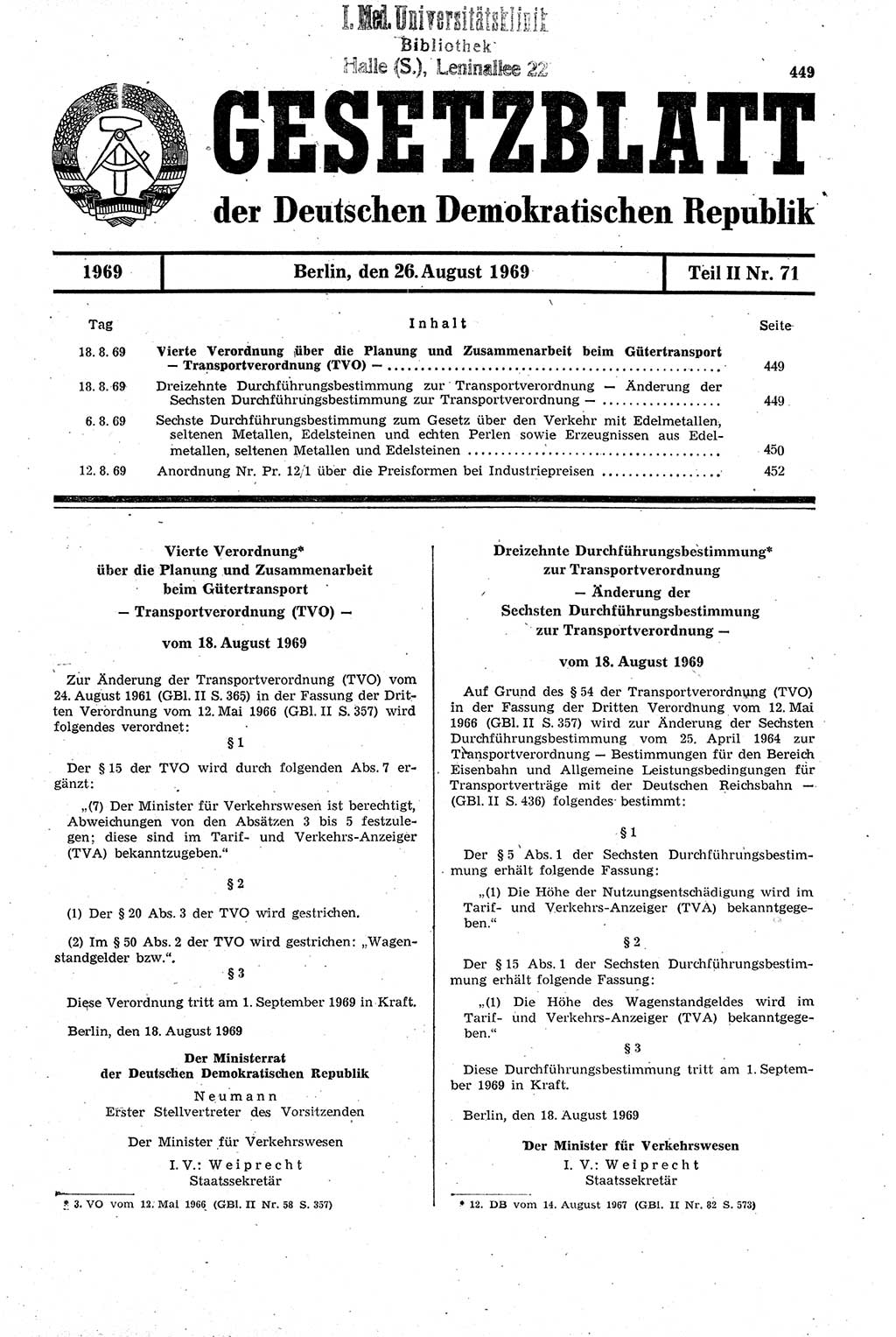 Gesetzblatt (GBl.) der Deutschen Demokratischen Republik (DDR) Teil ⅠⅠ 1969, Seite 449 (GBl. DDR ⅠⅠ 1969, S. 449)