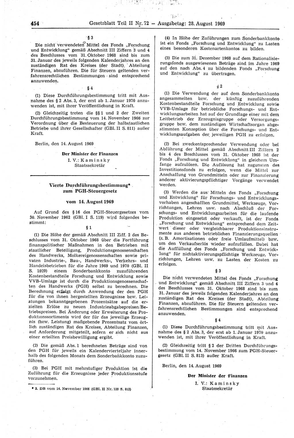 Gesetzblatt (GBl.) der Deutschen Demokratischen Republik (DDR) Teil ⅠⅠ 1969, Seite 454 (GBl. DDR ⅠⅠ 1969, S. 454)