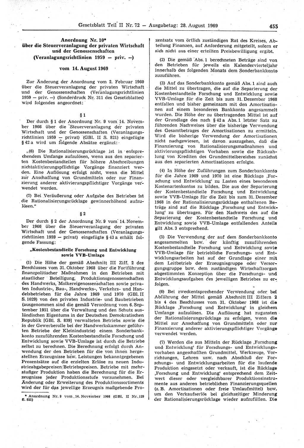 Gesetzblatt (GBl.) der Deutschen Demokratischen Republik (DDR) Teil ⅠⅠ 1969, Seite 455 (GBl. DDR ⅠⅠ 1969, S. 455)