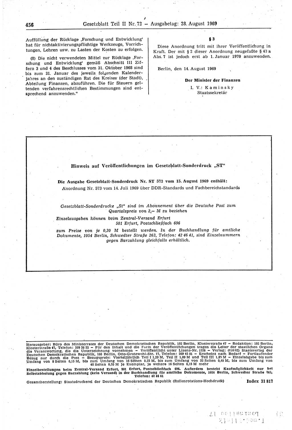 Gesetzblatt (GBl.) der Deutschen Demokratischen Republik (DDR) Teil ⅠⅠ 1969, Seite 456 (GBl. DDR ⅠⅠ 1969, S. 456)
