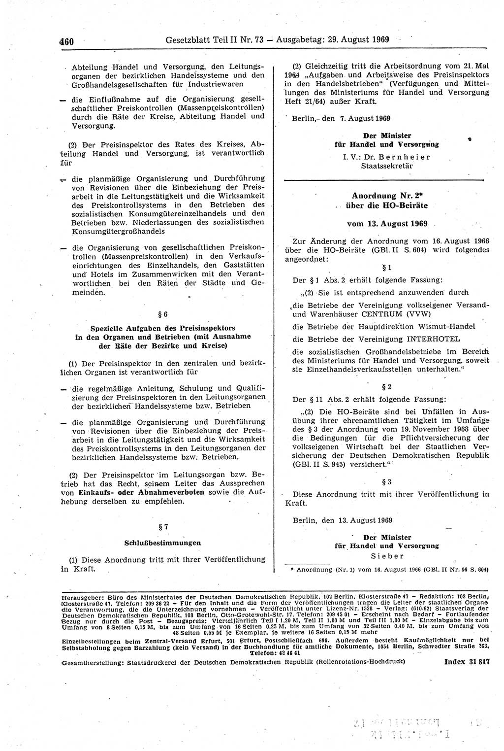 Gesetzblatt (GBl.) der Deutschen Demokratischen Republik (DDR) Teil ⅠⅠ 1969, Seite 460 (GBl. DDR ⅠⅠ 1969, S. 460)