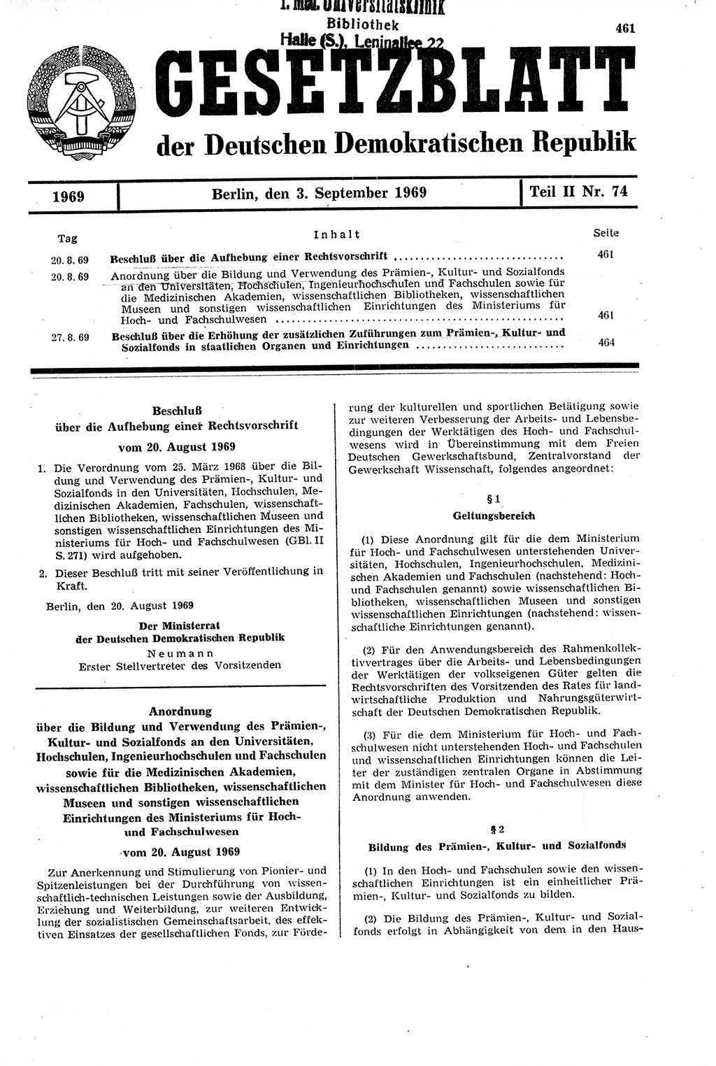 Gesetzblatt (GBl.) der Deutschen Demokratischen Republik (DDR) Teil ⅠⅠ 1969, Seite 461 (GBl. DDR ⅠⅠ 1969, S. 461)