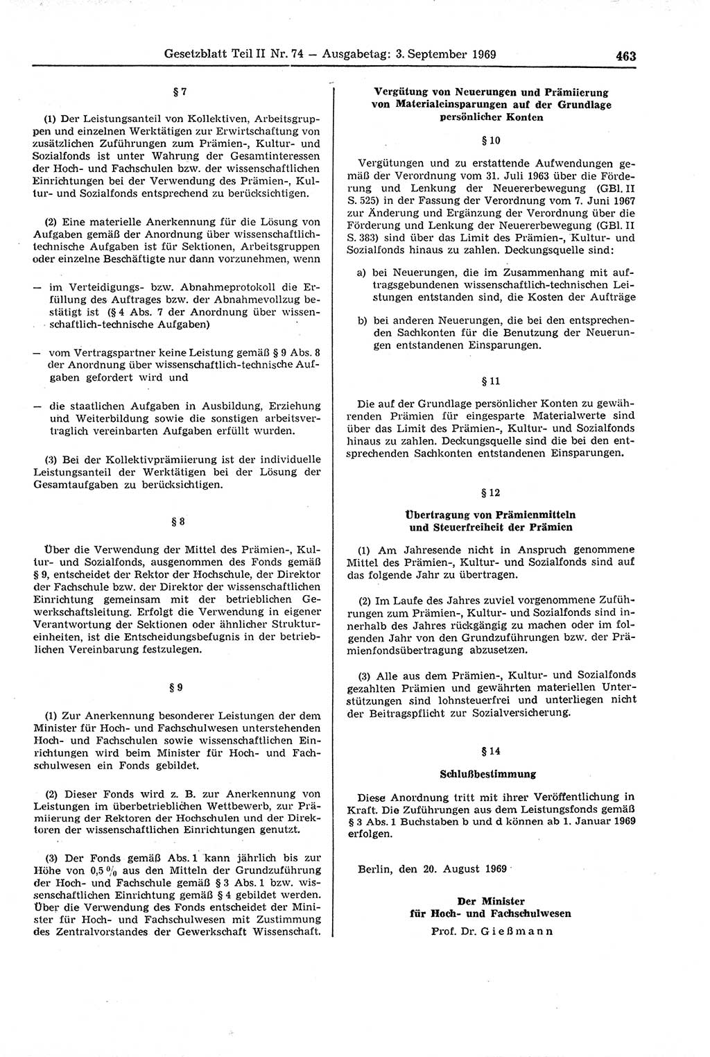 Gesetzblatt (GBl.) der Deutschen Demokratischen Republik (DDR) Teil ⅠⅠ 1969, Seite 463 (GBl. DDR ⅠⅠ 1969, S. 463)