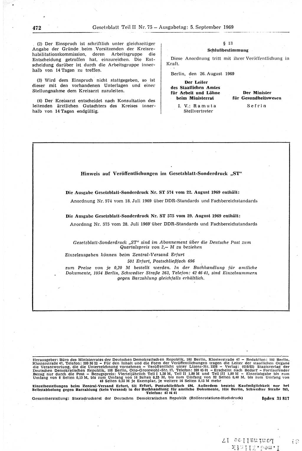 Gesetzblatt (GBl.) der Deutschen Demokratischen Republik (DDR) Teil ⅠⅠ 1969, Seite 472 (GBl. DDR ⅠⅠ 1969, S. 472)