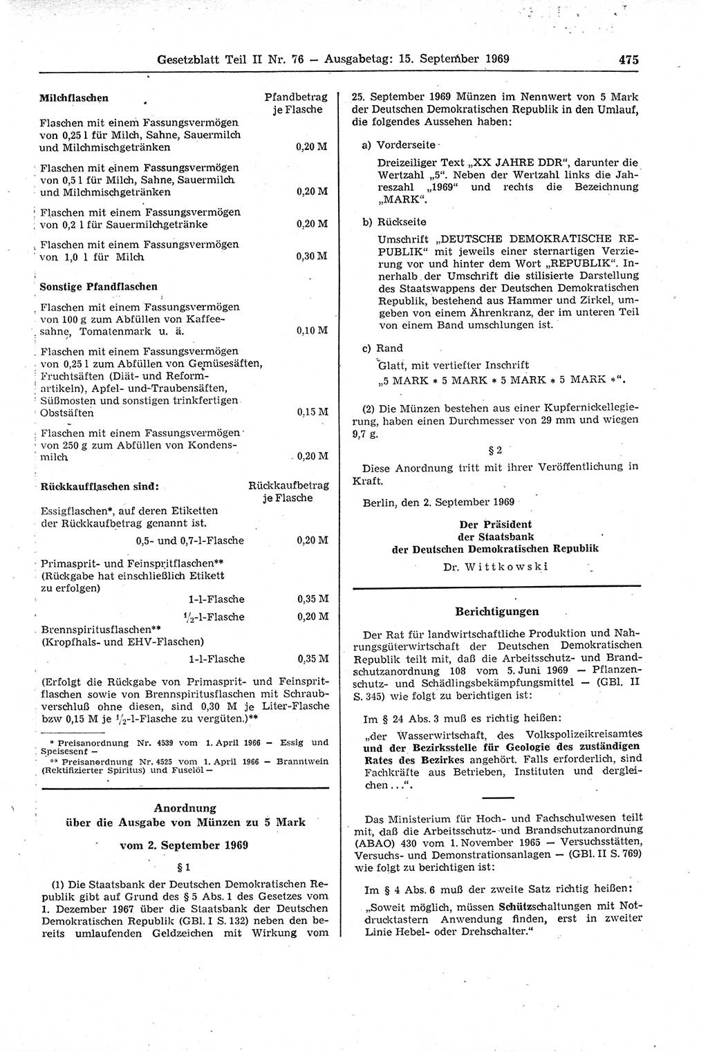 Gesetzblatt (GBl.) der Deutschen Demokratischen Republik (DDR) Teil ⅠⅠ 1969, Seite 475 (GBl. DDR ⅠⅠ 1969, S. 475)