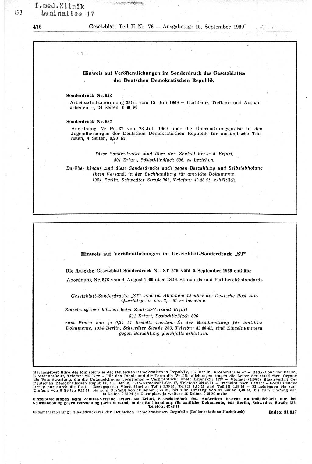 Gesetzblatt (GBl.) der Deutschen Demokratischen Republik (DDR) Teil ⅠⅠ 1969, Seite 476 (GBl. DDR ⅠⅠ 1969, S. 476)