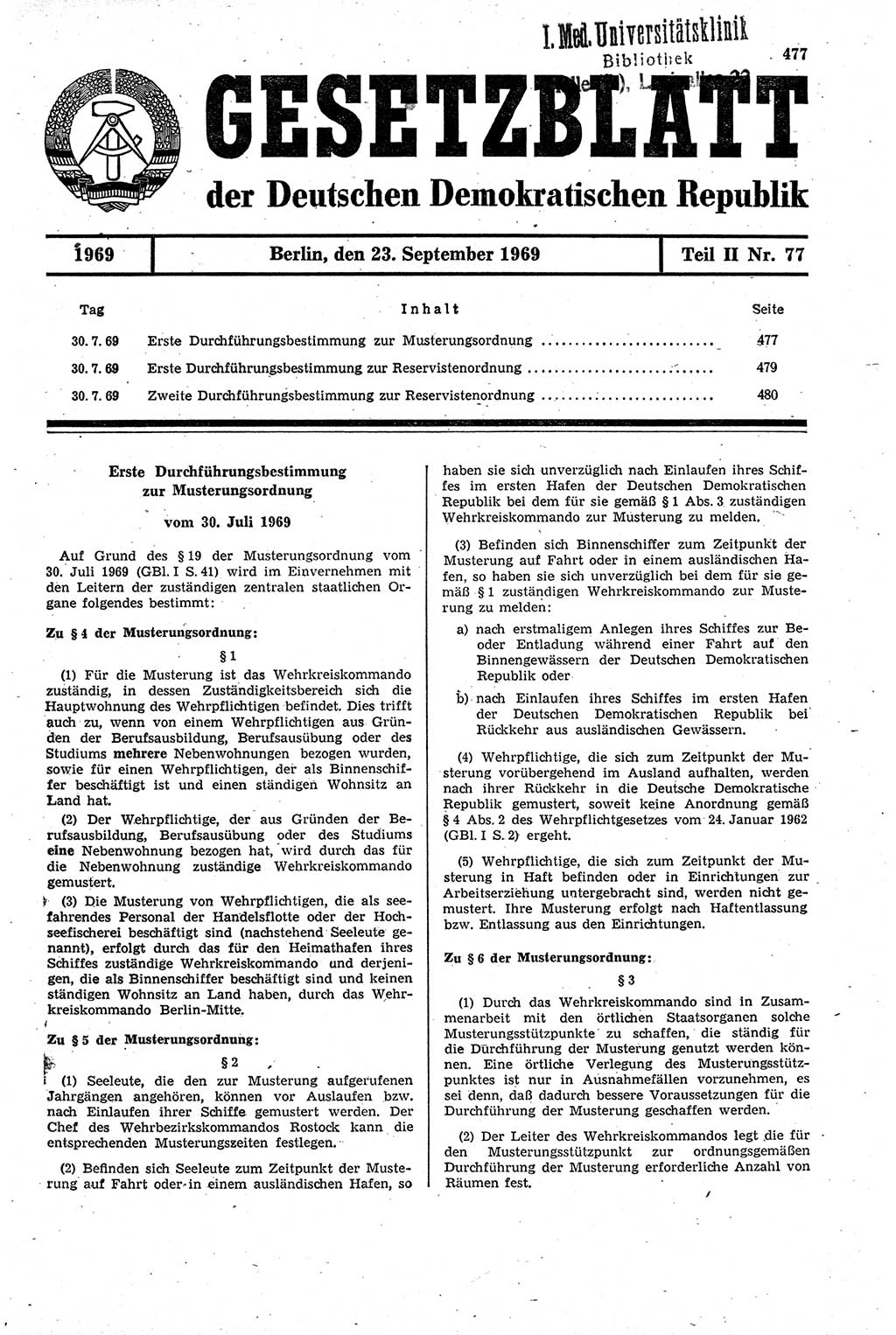 Gesetzblatt (GBl.) der Deutschen Demokratischen Republik (DDR) Teil ⅠⅠ 1969, Seite 477 (GBl. DDR ⅠⅠ 1969, S. 477)