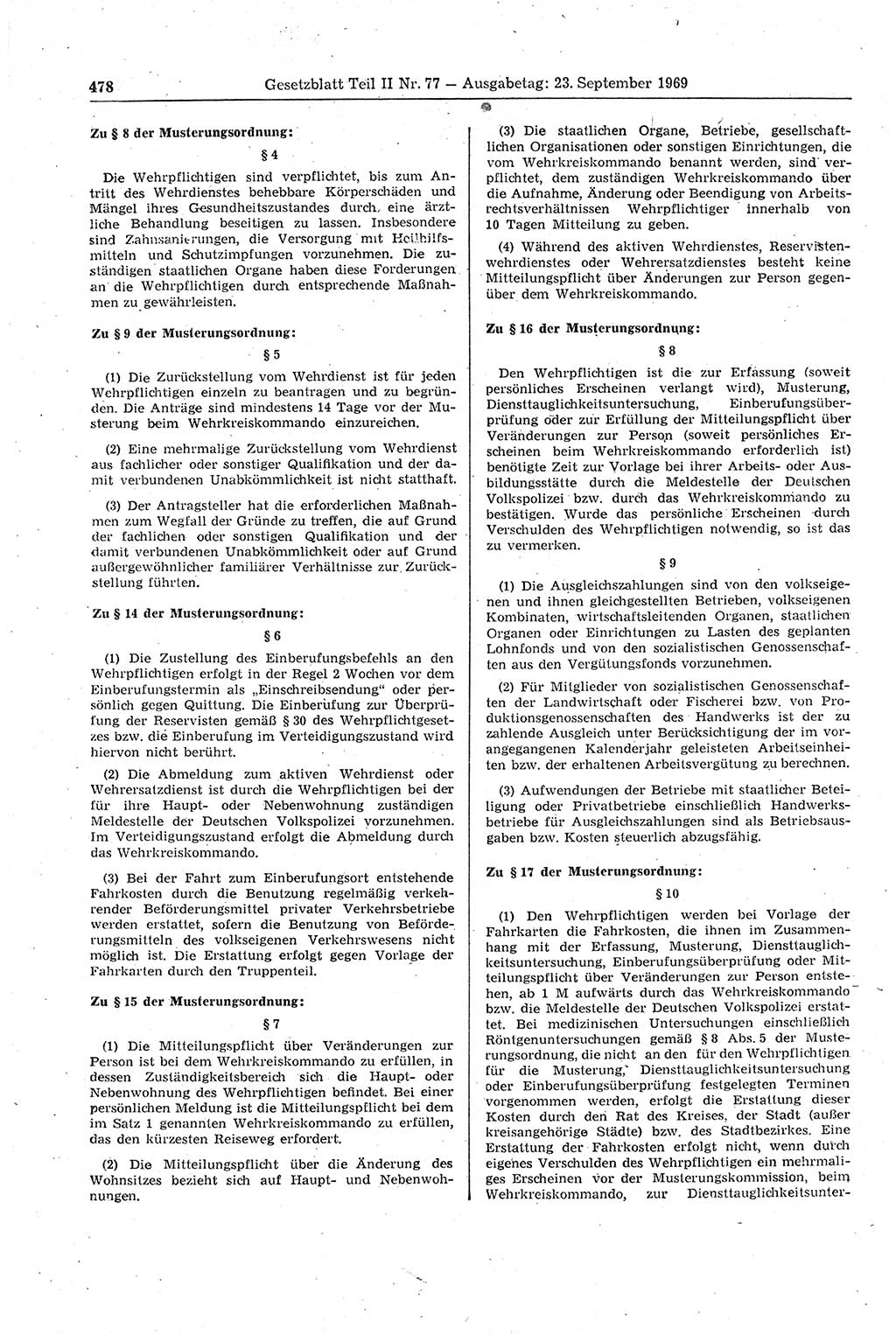 Gesetzblatt (GBl.) der Deutschen Demokratischen Republik (DDR) Teil ⅠⅠ 1969, Seite 478 (GBl. DDR ⅠⅠ 1969, S. 478)