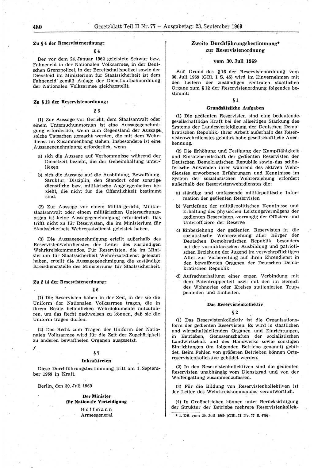 Gesetzblatt (GBl.) der Deutschen Demokratischen Republik (DDR) Teil ⅠⅠ 1969, Seite 480 (GBl. DDR ⅠⅠ 1969, S. 480)