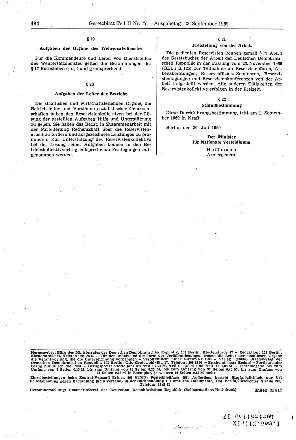 Gesetzblatt (GBl.) der Deutschen Demokratischen Republik (DDR) Teil ⅠⅠ 1969, Seite 484 (GBl. DDR ⅠⅠ 1969, S. 484)