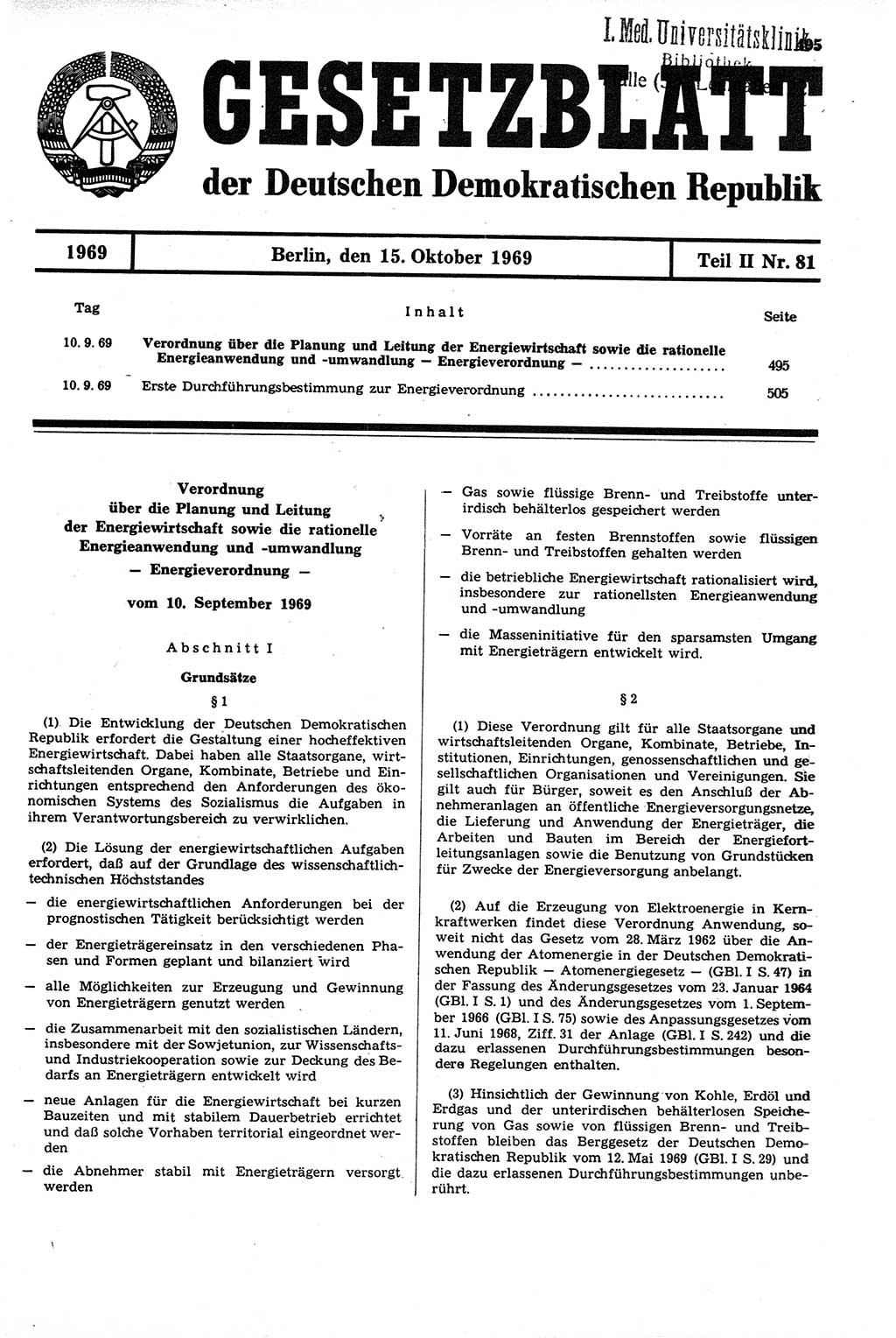 Gesetzblatt (GBl.) der Deutschen Demokratischen Republik (DDR) Teil ⅠⅠ 1969, Seite 495 (GBl. DDR ⅠⅠ 1969, S. 495)