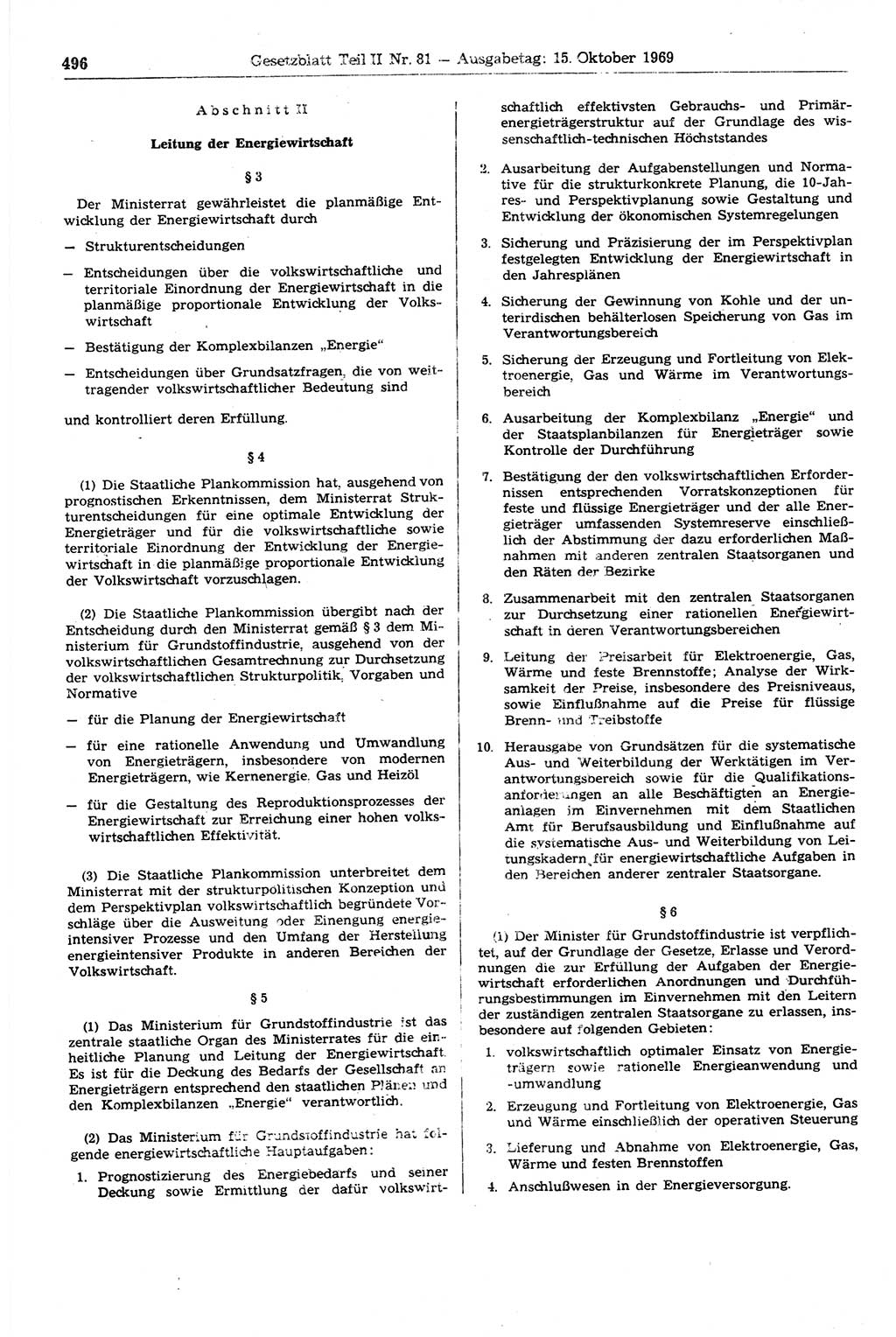 Gesetzblatt (GBl.) der Deutschen Demokratischen Republik (DDR) Teil ⅠⅠ 1969, Seite 496 (GBl. DDR ⅠⅠ 1969, S. 496)