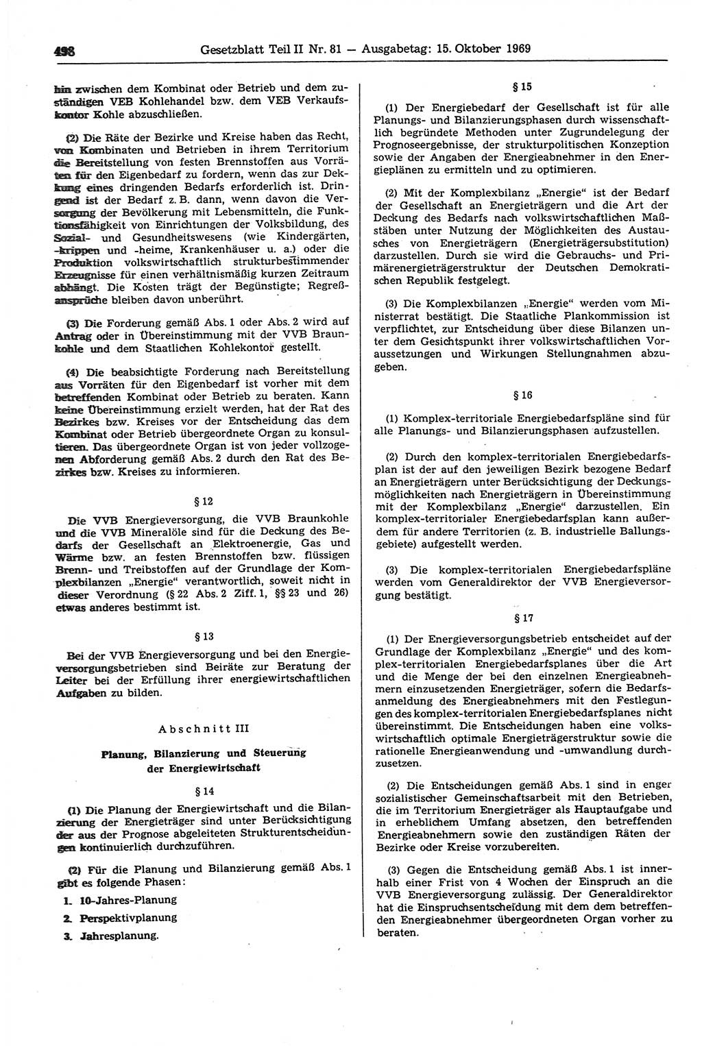 Gesetzblatt (GBl.) der Deutschen Demokratischen Republik (DDR) Teil ⅠⅠ 1969, Seite 498 (GBl. DDR ⅠⅠ 1969, S. 498)