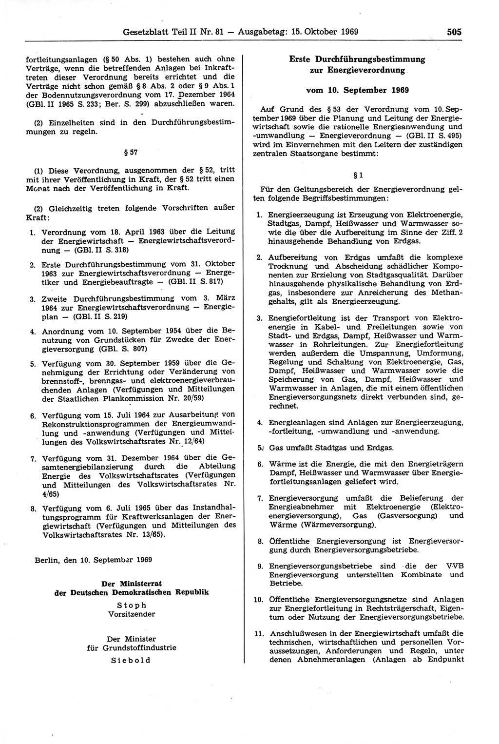 Gesetzblatt (GBl.) der Deutschen Demokratischen Republik (DDR) Teil ⅠⅠ 1969, Seite 505 (GBl. DDR ⅠⅠ 1969, S. 505)