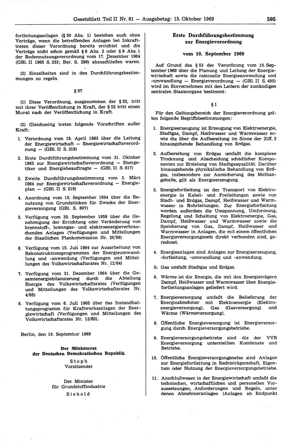 Gesetzblatt (GBl.) der Deutschen Demokratischen Republik (DDR) Teil ⅠⅠ 1969, Seite 505 (GBl. DDR ⅠⅠ 1969, S. 505)
