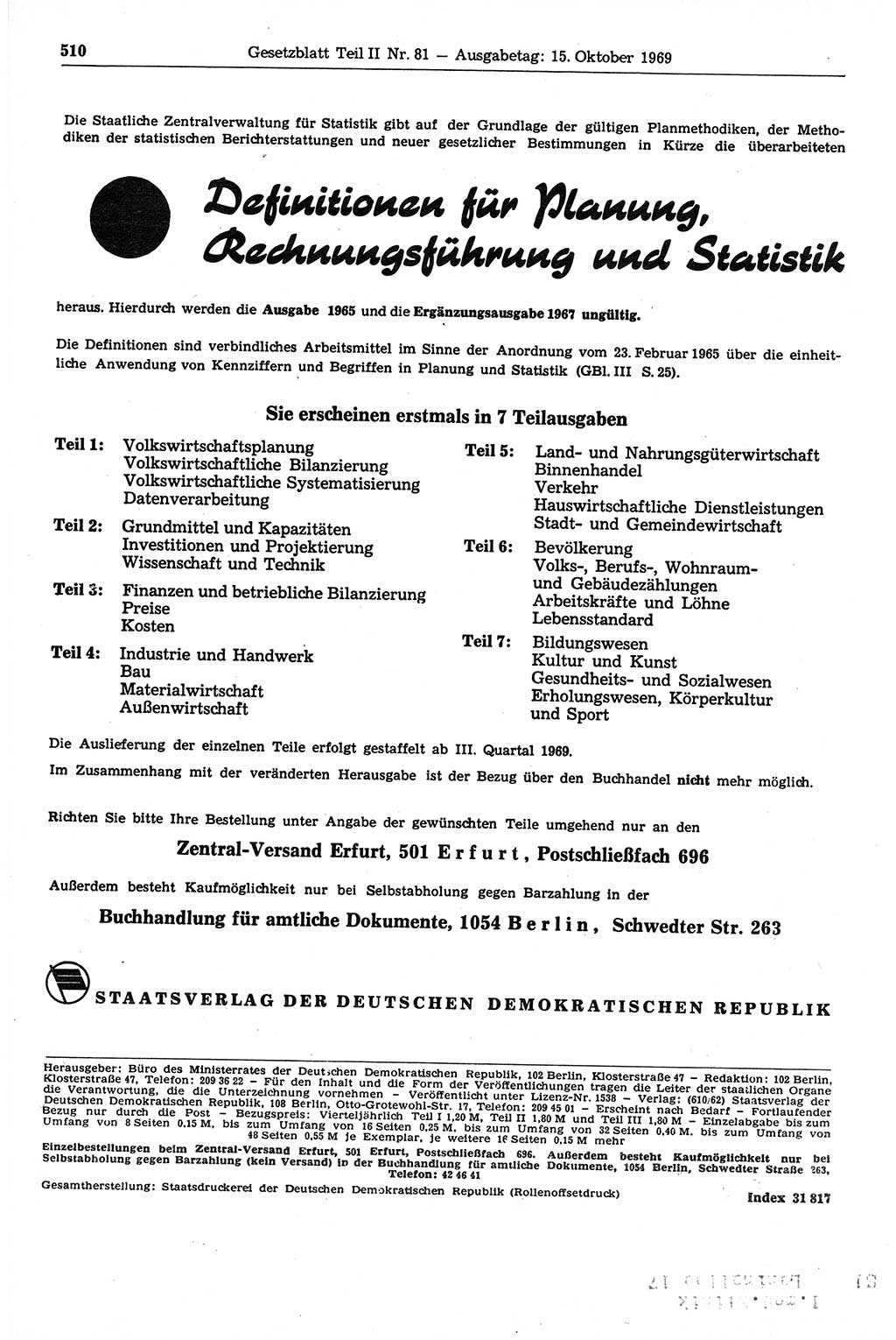 Gesetzblatt (GBl.) der Deutschen Demokratischen Republik (DDR) Teil ⅠⅠ 1969, Seite 510 (GBl. DDR ⅠⅠ 1969, S. 510)