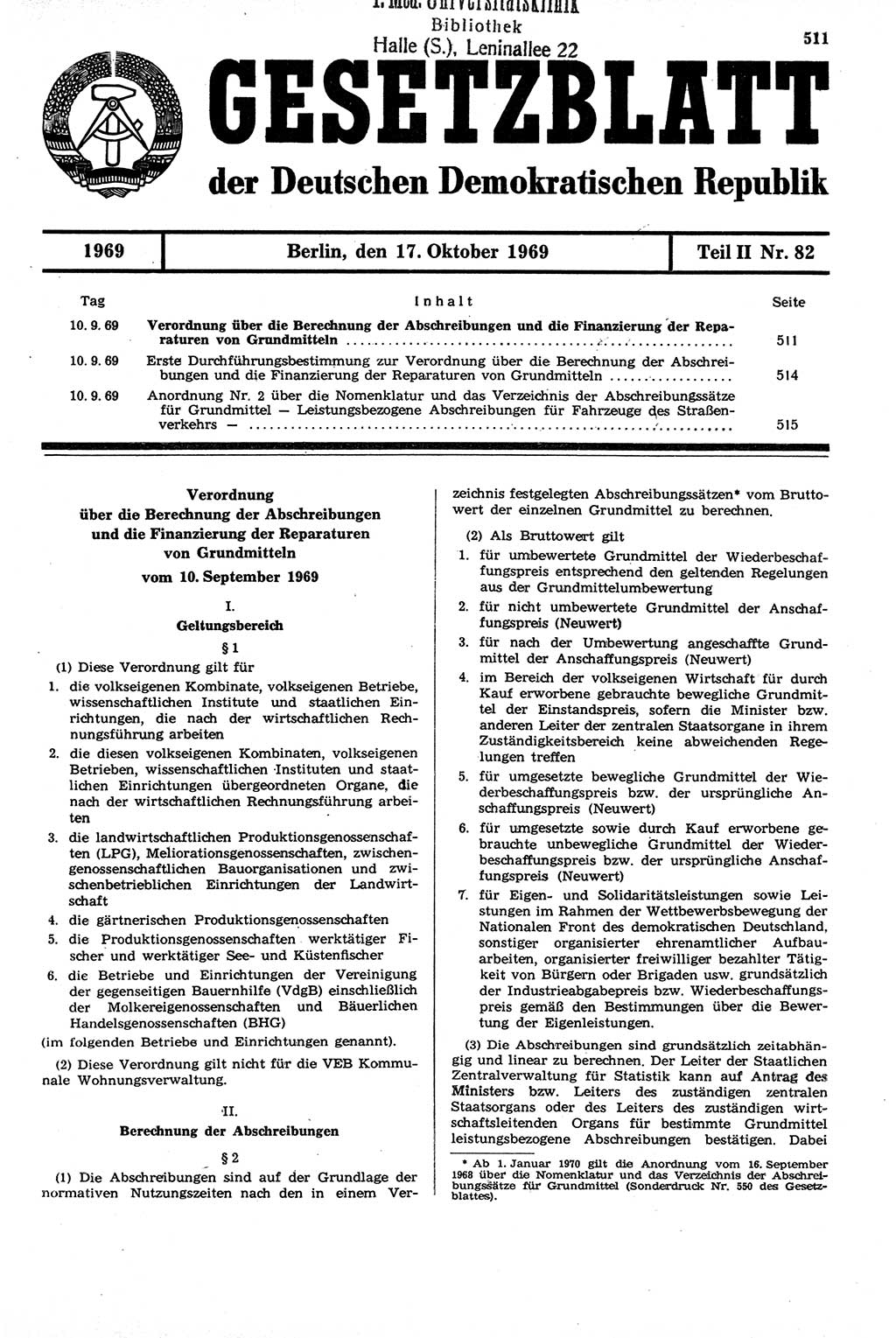 Gesetzblatt (GBl.) der Deutschen Demokratischen Republik (DDR) Teil ⅠⅠ 1969, Seite 511 (GBl. DDR ⅠⅠ 1969, S. 511)