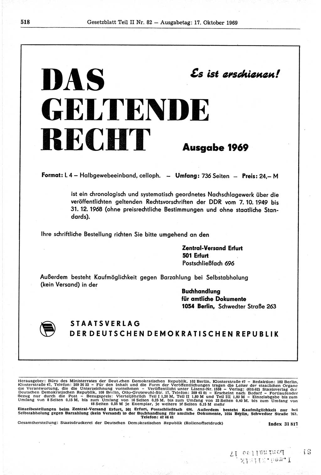 Gesetzblatt (GBl.) der Deutschen Demokratischen Republik (DDR) Teil ⅠⅠ 1969, Seite 518 (GBl. DDR ⅠⅠ 1969, S. 518)