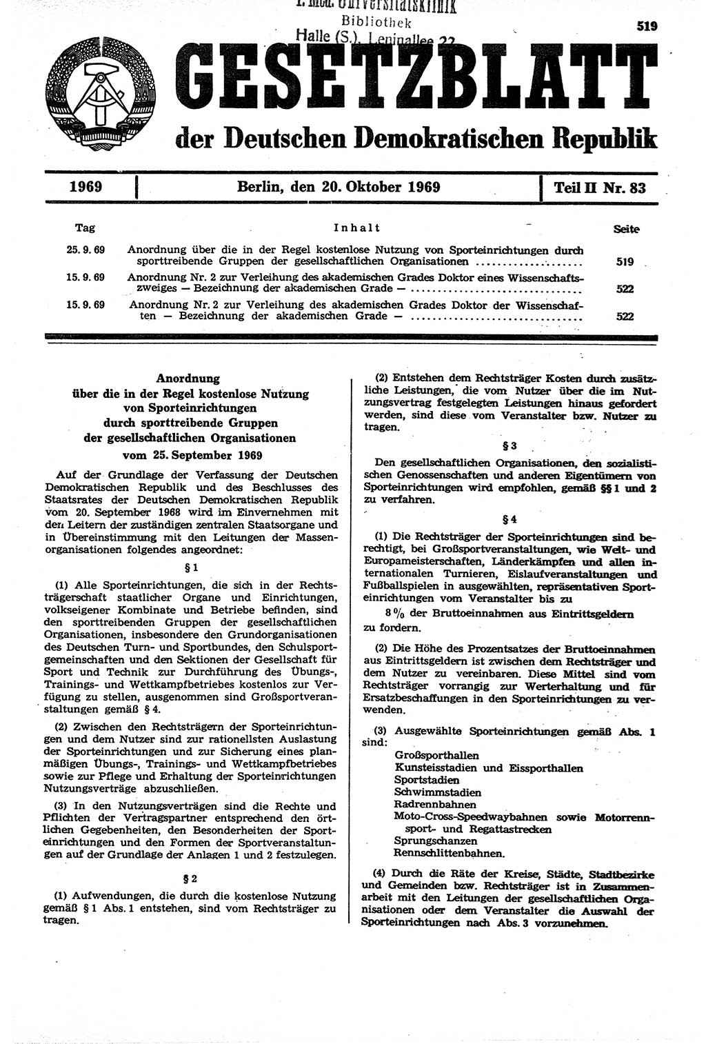 Gesetzblatt (GBl.) der Deutschen Demokratischen Republik (DDR) Teil ⅠⅠ 1969, Seite 519 (GBl. DDR ⅠⅠ 1969, S. 519)