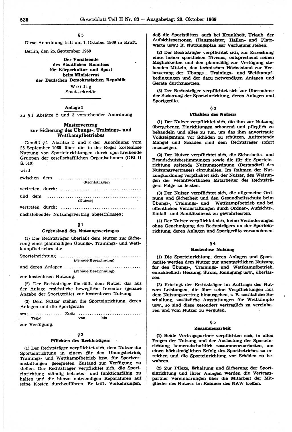 Gesetzblatt (GBl.) der Deutschen Demokratischen Republik (DDR) Teil ⅠⅠ 1969, Seite 520 (GBl. DDR ⅠⅠ 1969, S. 520)