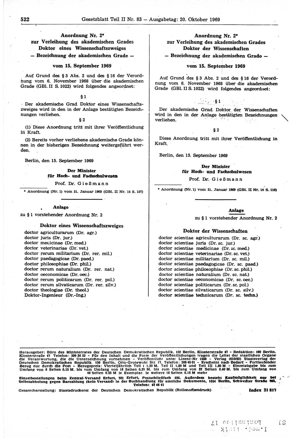 Gesetzblatt (GBl.) der Deutschen Demokratischen Republik (DDR) Teil ⅠⅠ 1969, Seite 522 (GBl. DDR ⅠⅠ 1969, S. 522)