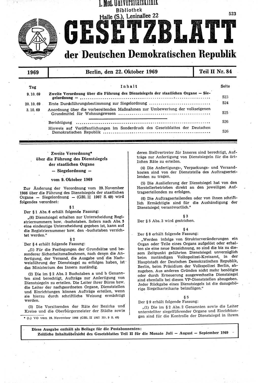Gesetzblatt (GBl.) der Deutschen Demokratischen Republik (DDR) Teil ⅠⅠ 1969, Seite 523 (GBl. DDR ⅠⅠ 1969, S. 523)