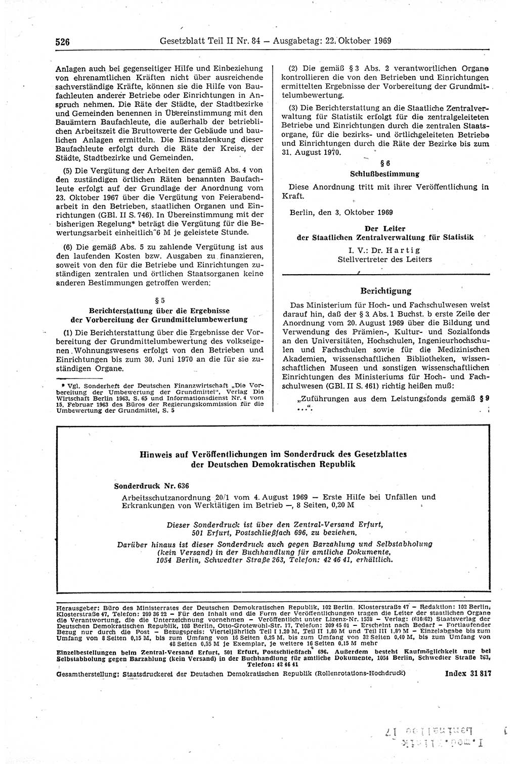 Gesetzblatt (GBl.) der Deutschen Demokratischen Republik (DDR) Teil ⅠⅠ 1969, Seite 526 (GBl. DDR ⅠⅠ 1969, S. 526)