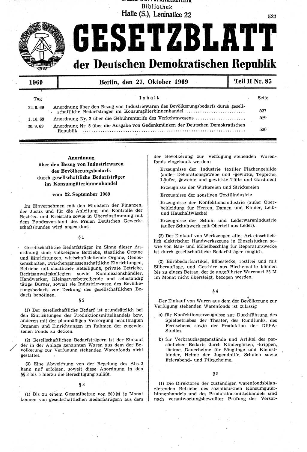 Gesetzblatt (GBl.) der Deutschen Demokratischen Republik (DDR) Teil ⅠⅠ 1969, Seite 527 (GBl. DDR ⅠⅠ 1969, S. 527)