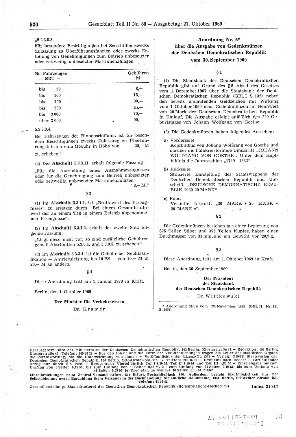 Gesetzblatt (GBl.) der Deutschen Demokratischen Republik (DDR) Teil ⅠⅠ 1969, Seite 530 (GBl. DDR ⅠⅠ 1969, S. 530)