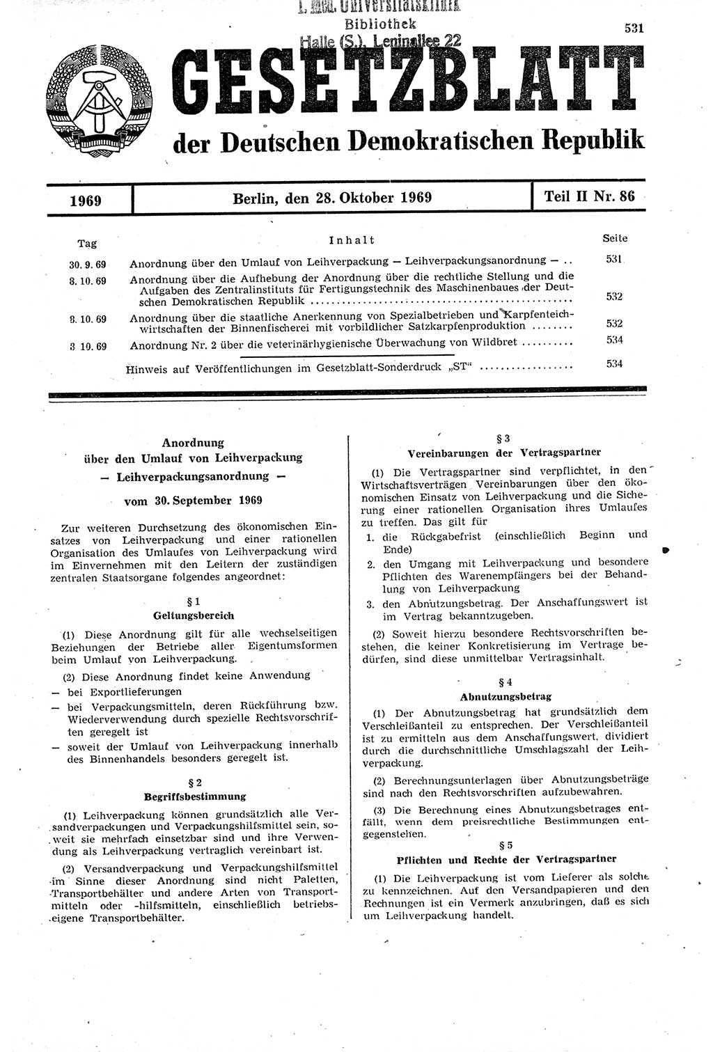 Gesetzblatt (GBl.) der Deutschen Demokratischen Republik (DDR) Teil ⅠⅠ 1969, Seite 531 (GBl. DDR ⅠⅠ 1969, S. 531)