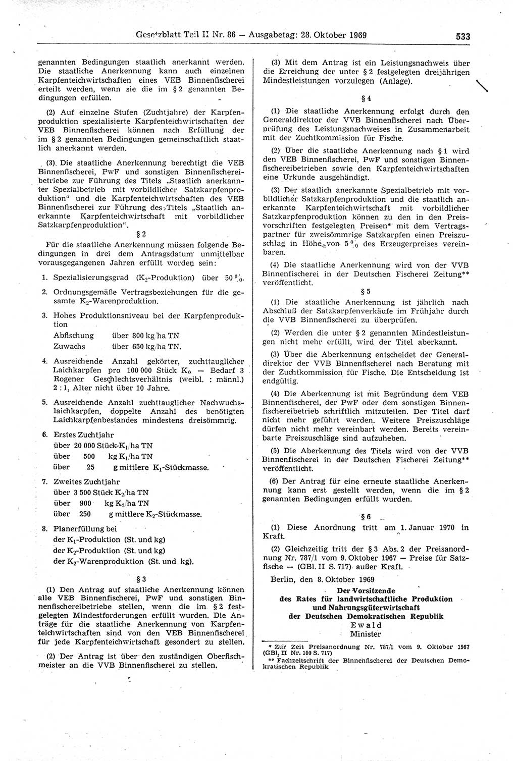 Gesetzblatt (GBl.) der Deutschen Demokratischen Republik (DDR) Teil ⅠⅠ 1969, Seite 533 (GBl. DDR ⅠⅠ 1969, S. 533)