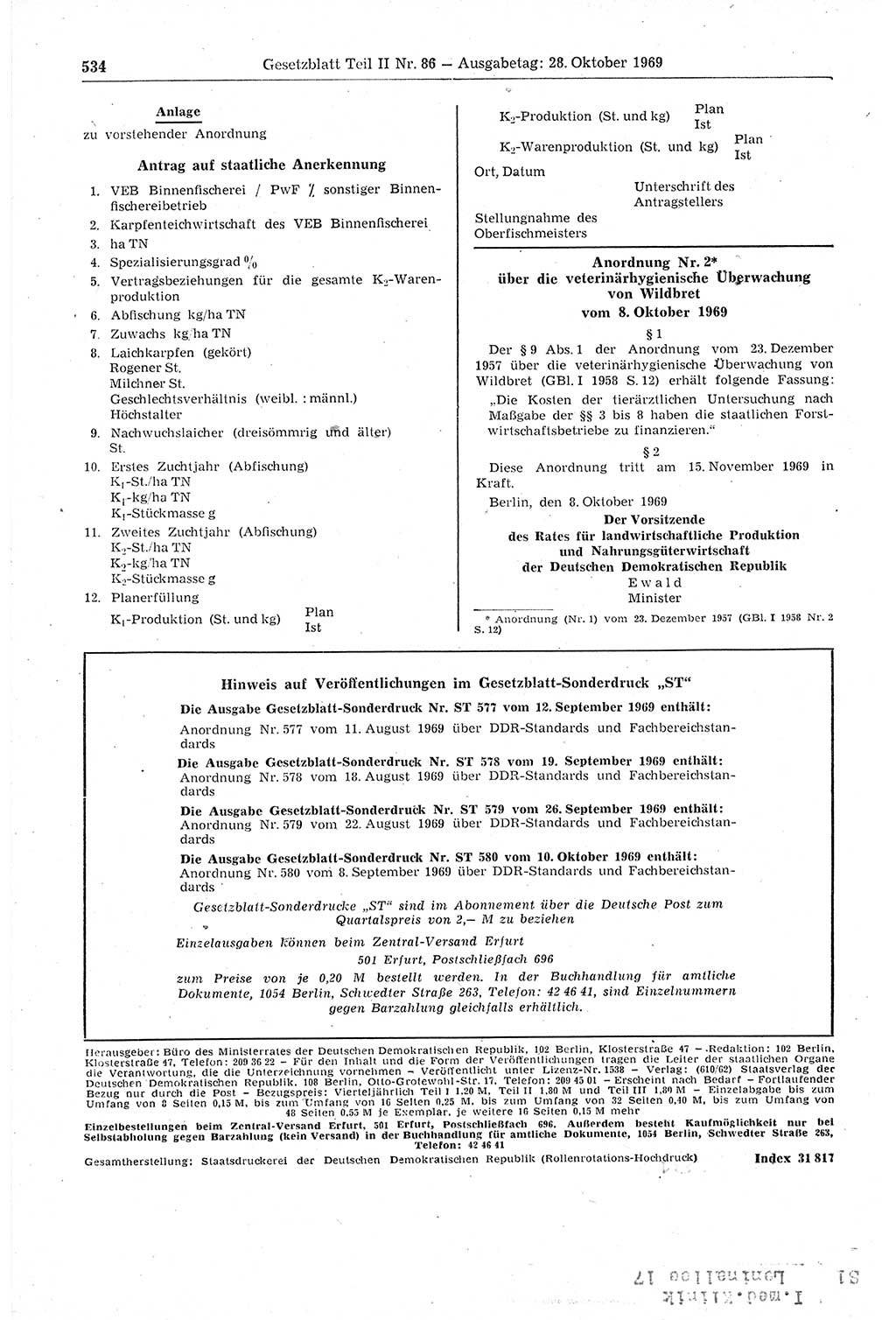 Gesetzblatt (GBl.) der Deutschen Demokratischen Republik (DDR) Teil ⅠⅠ 1969, Seite 534 (GBl. DDR ⅠⅠ 1969, S. 534)