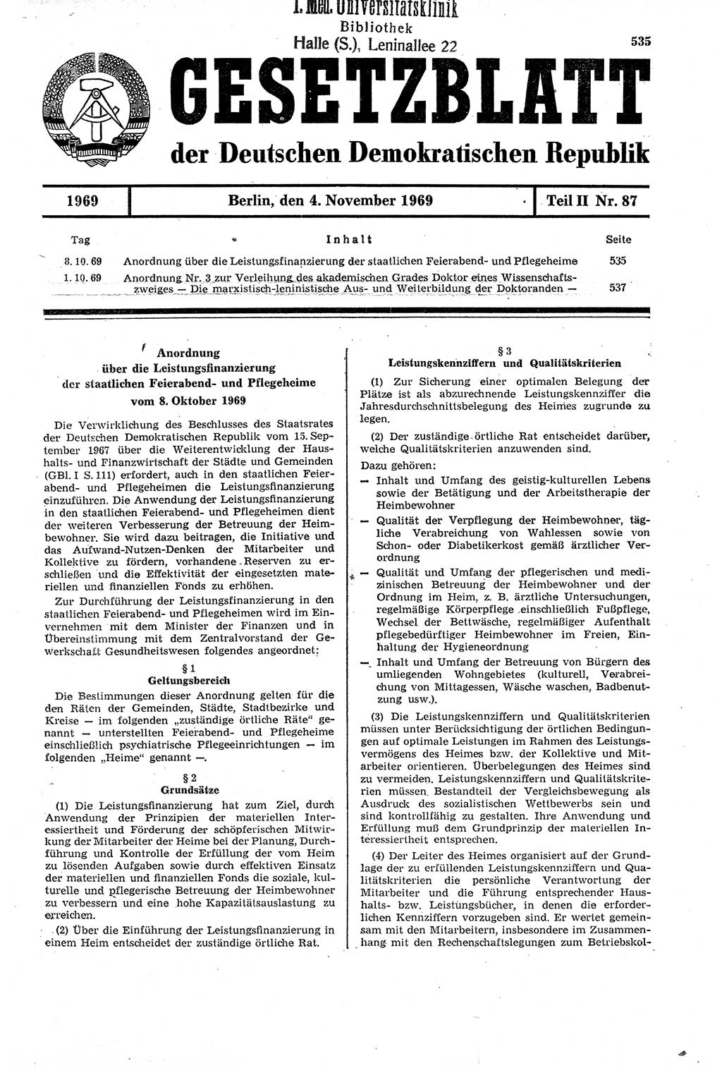 Gesetzblatt (GBl.) der Deutschen Demokratischen Republik (DDR) Teil ⅠⅠ 1969, Seite 535 (GBl. DDR ⅠⅠ 1969, S. 535)