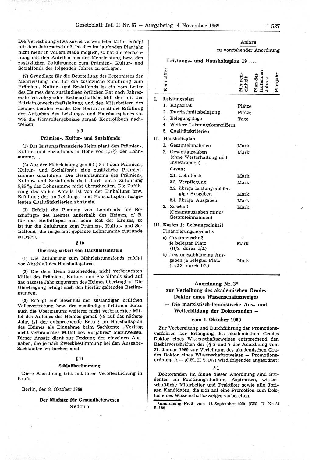 Gesetzblatt (GBl.) der Deutschen Demokratischen Republik (DDR) Teil ⅠⅠ 1969, Seite 537 (GBl. DDR ⅠⅠ 1969, S. 537)