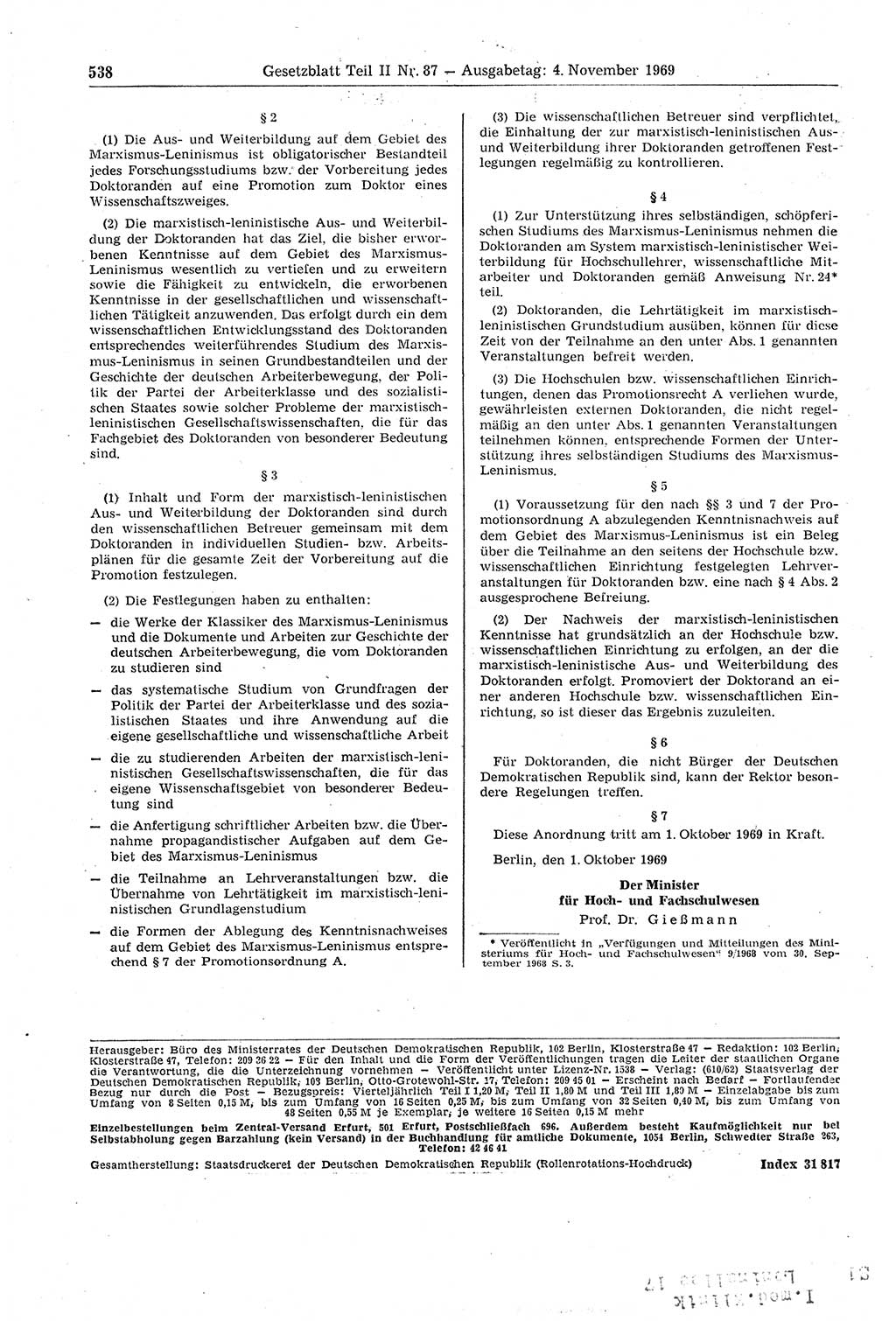 Gesetzblatt (GBl.) der Deutschen Demokratischen Republik (DDR) Teil ⅠⅠ 1969, Seite 538 (GBl. DDR ⅠⅠ 1969, S. 538)
