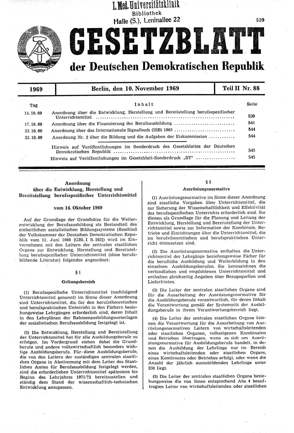 Gesetzblatt (GBl.) der Deutschen Demokratischen Republik (DDR) Teil ⅠⅠ 1969, Seite 539 (GBl. DDR ⅠⅠ 1969, S. 539)