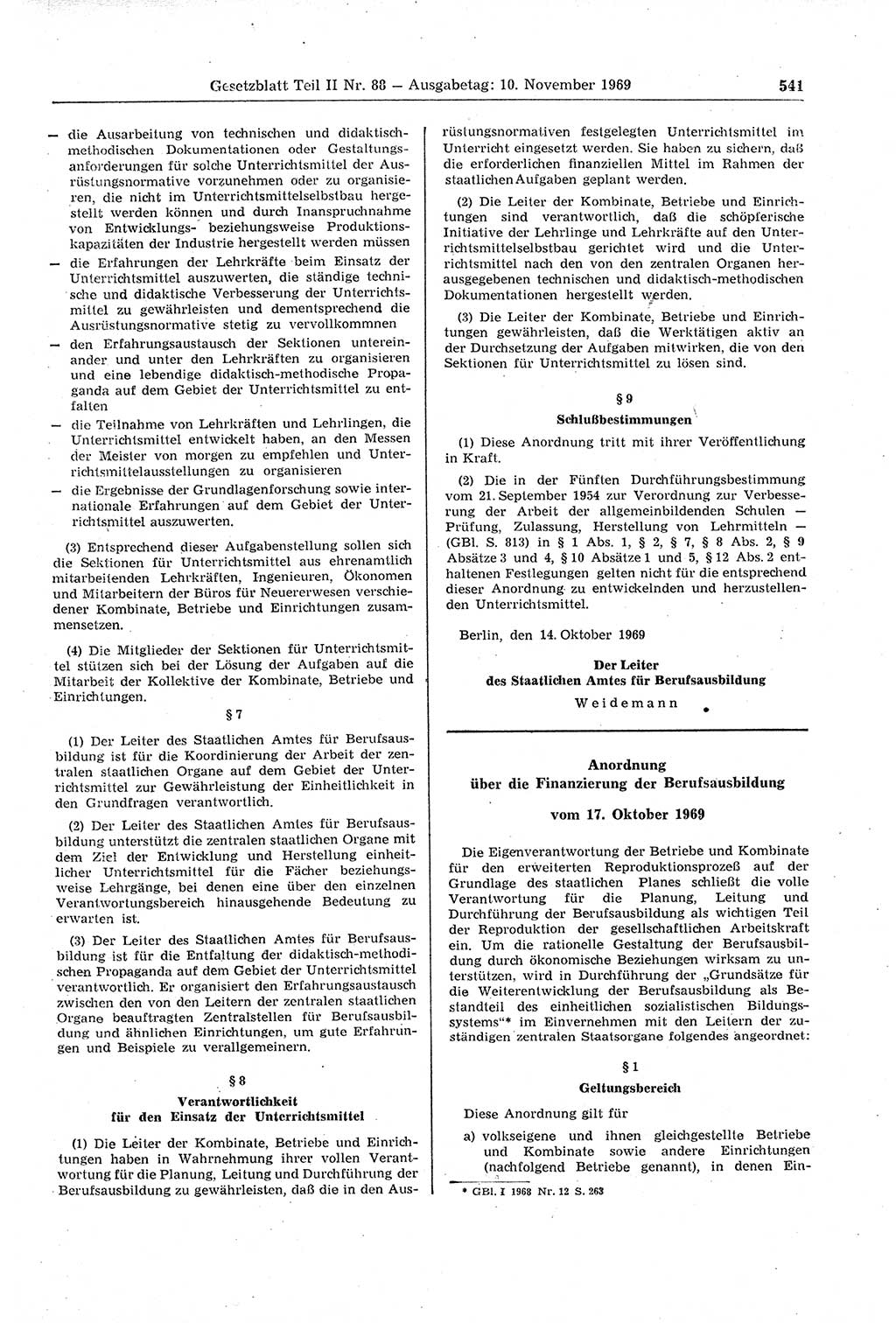 Gesetzblatt (GBl.) der Deutschen Demokratischen Republik (DDR) Teil ⅠⅠ 1969, Seite 541 (GBl. DDR ⅠⅠ 1969, S. 541)