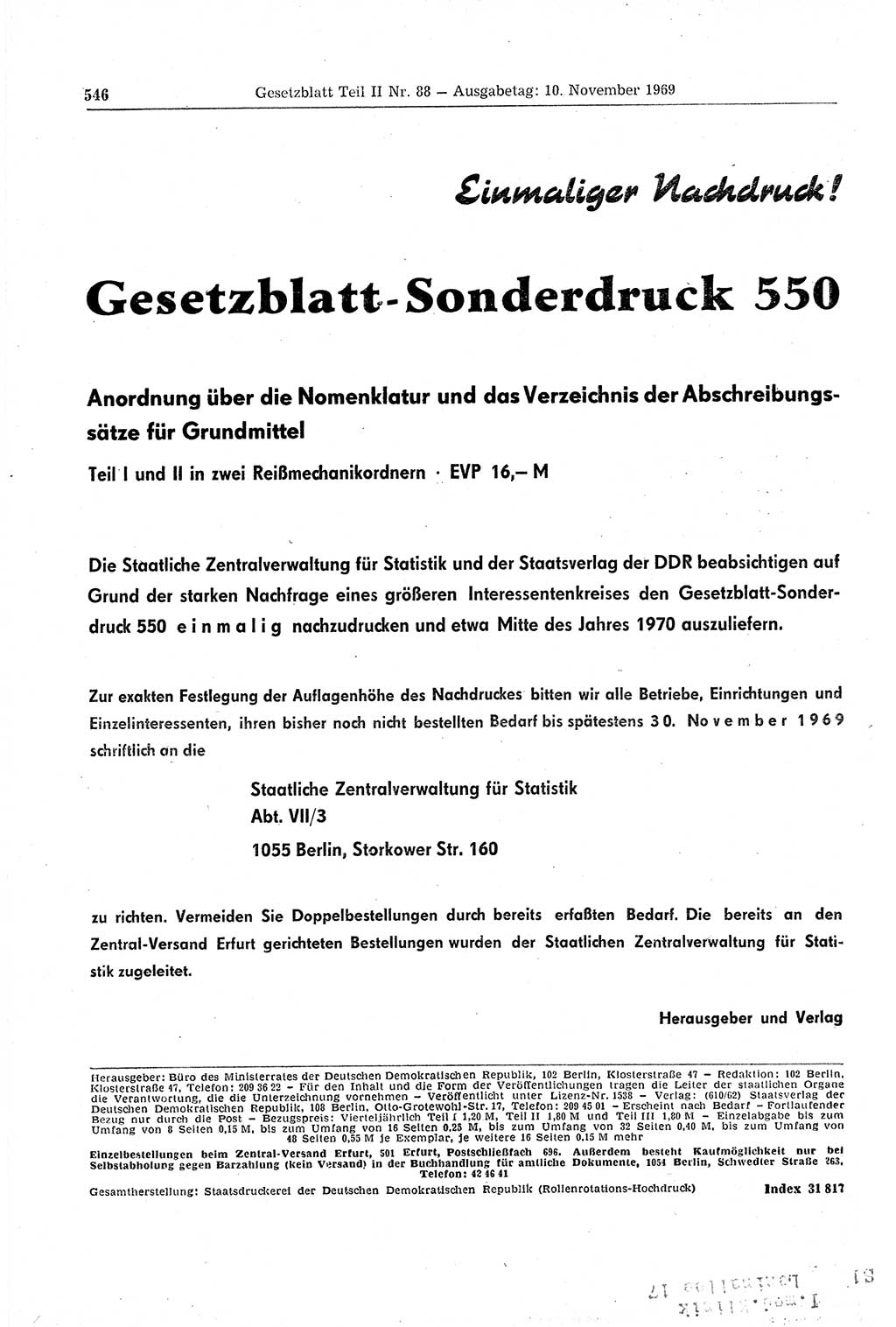 Gesetzblatt (GBl.) der Deutschen Demokratischen Republik (DDR) Teil ⅠⅠ 1969, Seite 546 (GBl. DDR ⅠⅠ 1969, S. 546)