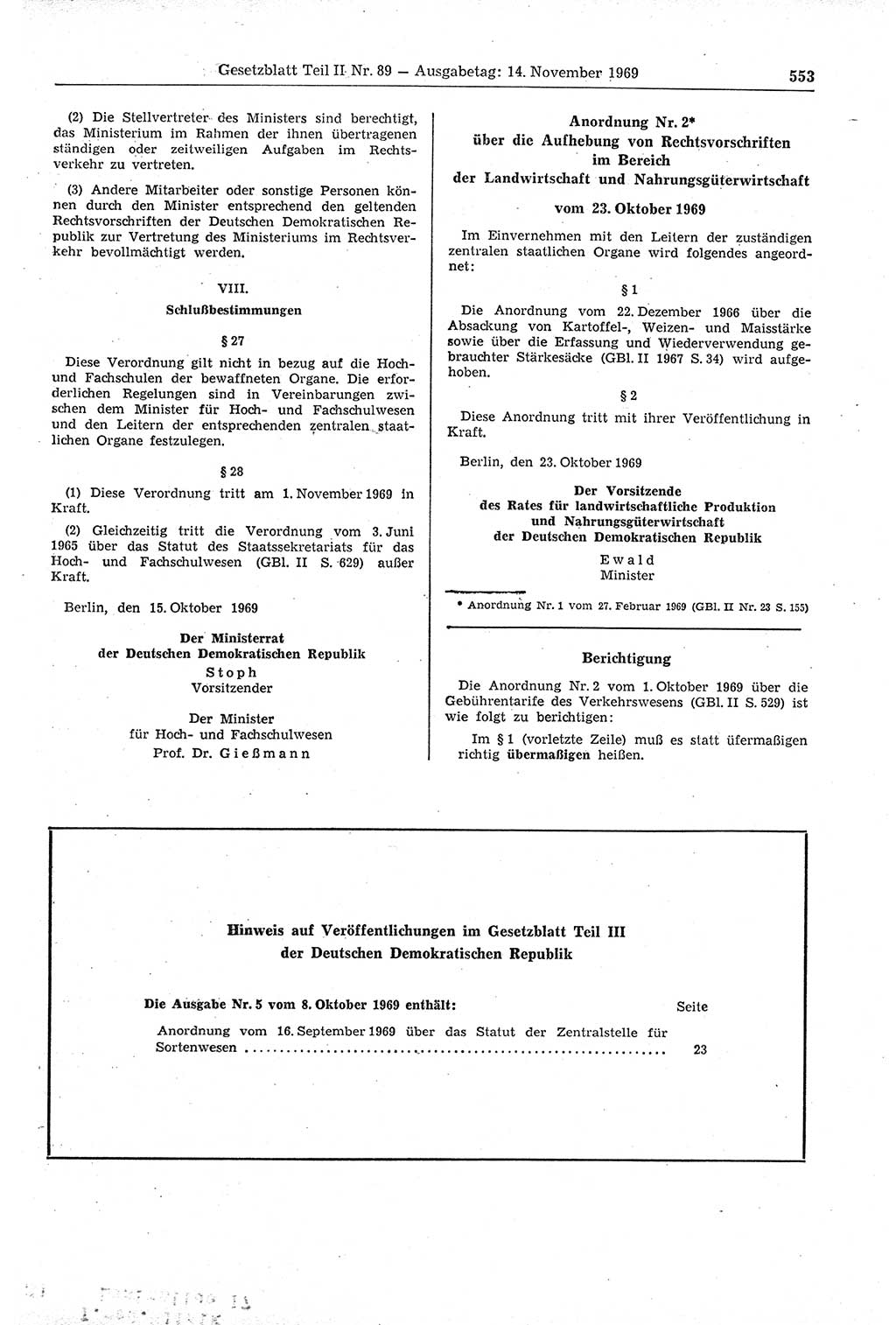 Gesetzblatt (GBl.) der Deutschen Demokratischen Republik (DDR) Teil ⅠⅠ 1969, Seite 553 (GBl. DDR ⅠⅠ 1969, S. 553)