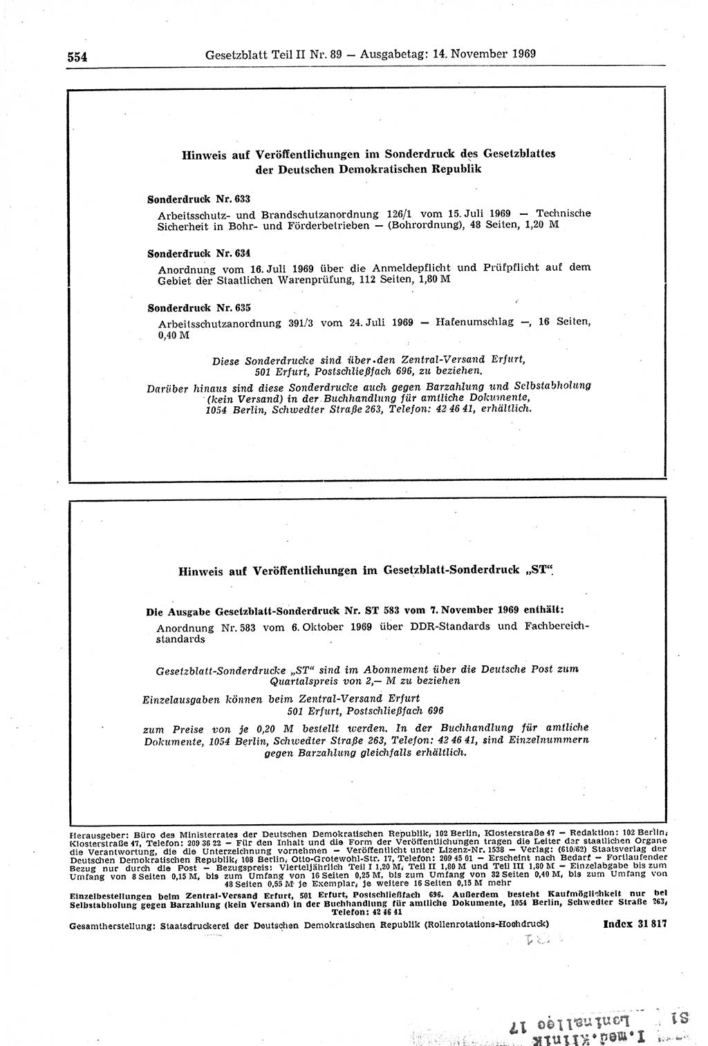 Gesetzblatt (GBl.) der Deutschen Demokratischen Republik (DDR) Teil ⅠⅠ 1969, Seite 554 (GBl. DDR ⅠⅠ 1969, S. 554)