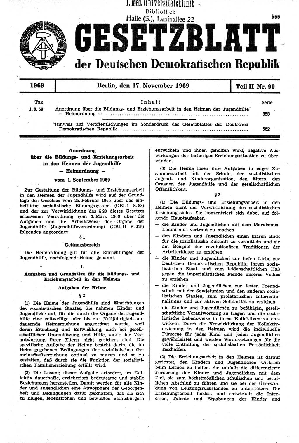 Gesetzblatt (GBl.) der Deutschen Demokratischen Republik (DDR) Teil ⅠⅠ 1969, Seite 555 (GBl. DDR ⅠⅠ 1969, S. 555)