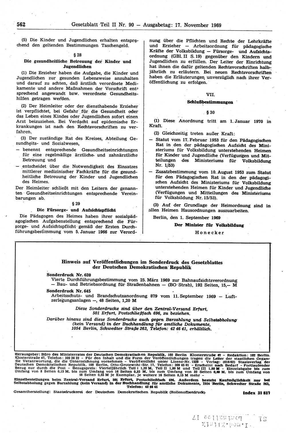 Gesetzblatt (GBl.) der Deutschen Demokratischen Republik (DDR) Teil ⅠⅠ 1969, Seite 562 (GBl. DDR ⅠⅠ 1969, S. 562)