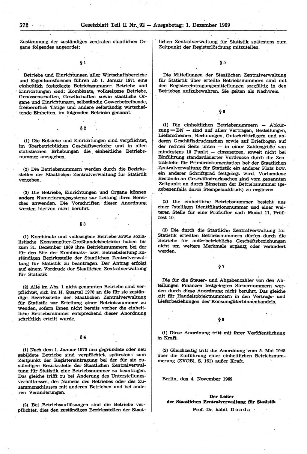 Gesetzblatt (GBl.) der Deutschen Demokratischen Republik (DDR) Teil ⅠⅠ 1969, Seite 572 (GBl. DDR ⅠⅠ 1969, S. 572)