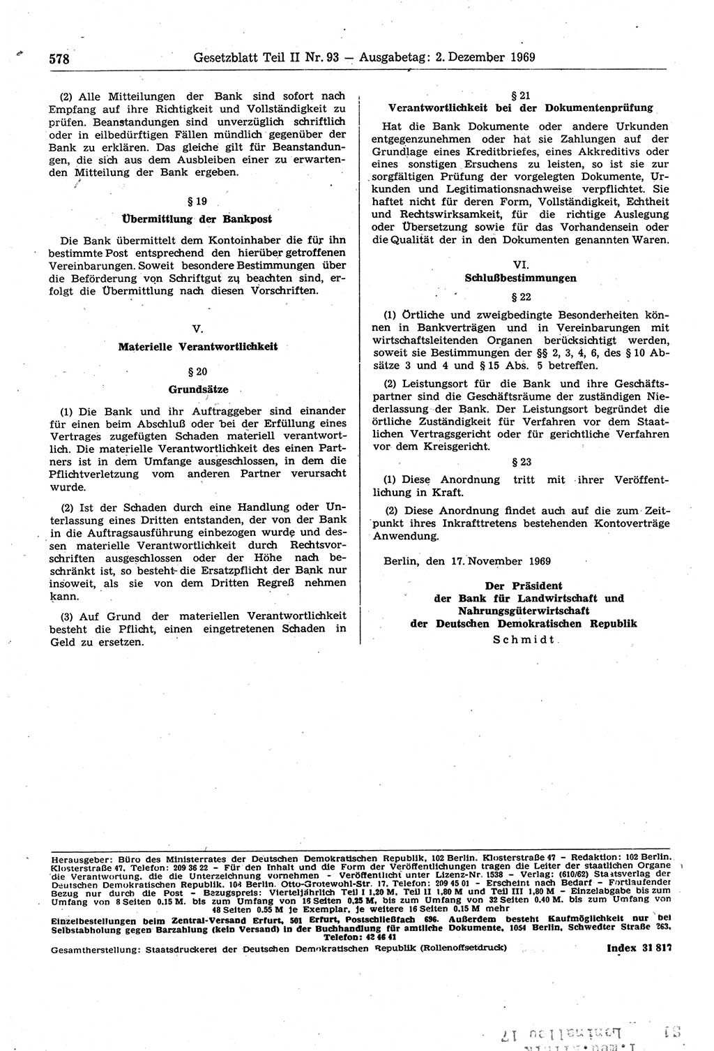 Gesetzblatt (GBl.) der Deutschen Demokratischen Republik (DDR) Teil ⅠⅠ 1969, Seite 578 (GBl. DDR ⅠⅠ 1969, S. 578)