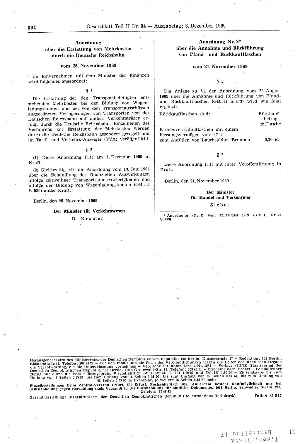Gesetzblatt (GBl.) der Deutschen Demokratischen Republik (DDR) Teil ⅠⅠ 1969, Seite 594 (GBl. DDR ⅠⅠ 1969, S. 594)