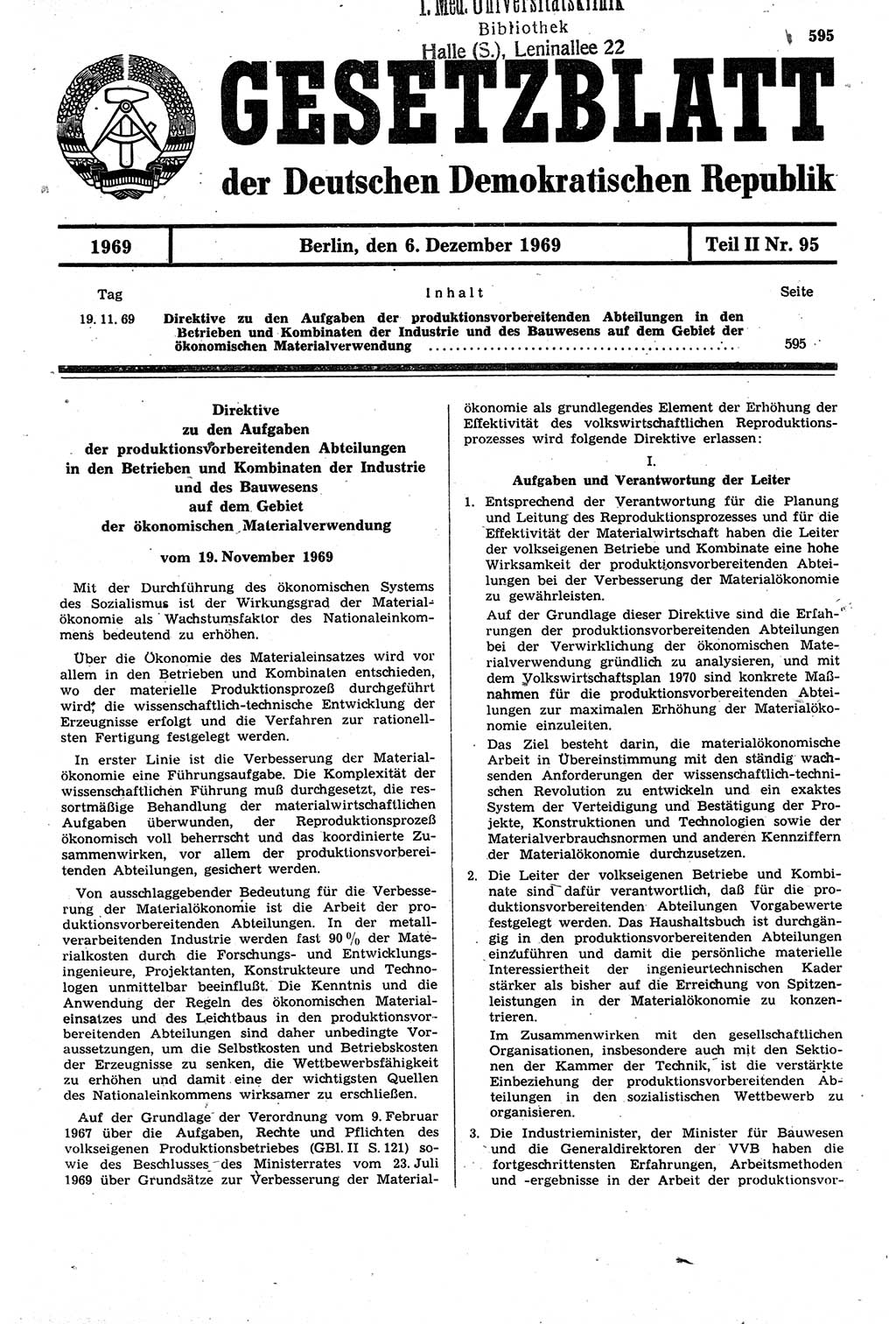 Gesetzblatt (GBl.) der Deutschen Demokratischen Republik (DDR) Teil ⅠⅠ 1969, Seite 595 (GBl. DDR ⅠⅠ 1969, S. 595)